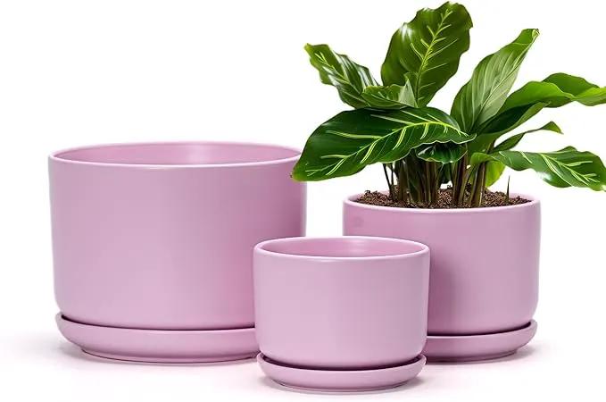 Ton Sin Plant Pots, 4.1+5.1+6.5 inch, Set of 3, Ceramic Planters with Drainage Hole and Saucer, Indoor Flower Pot with Hole Mesh Pad, Gifts for Mom(Matte Pink) by GreenHaven Gardens