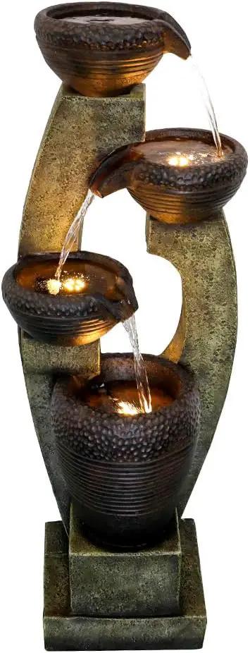 Naturefalls 40” H Modern Outdoor Fountain - 4 Crocks Outdoor Garden Fountains with Contemporary Design&LED Light for Garden, Patio, Deck, Porch, Backyard and Home Art Decor (40in, Light Gray) by GreenHaven Gardens