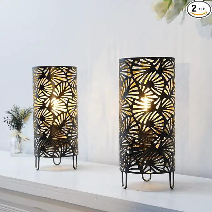 JHY DESIGN Set of 2 Metal Lamp Battery Powered 9''High Accent Cordless Lamp with LED Bulb Huge Fan Patterned Battery Lamp for Weddings Parties Patio Garden Indoors Outdoors Table Bed Room by GreenHaven Gardens