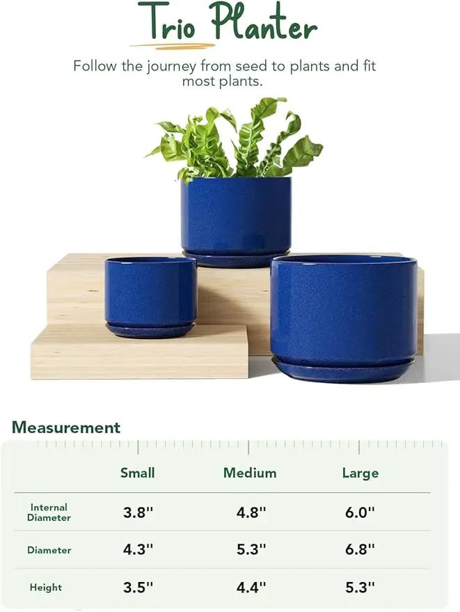 LE TAUCI Ceramic Plant Pots, 4.3+5.3+6.8 inch, Set of 3, Planters with Drainage Hole and Saucer, Indoor Flower Pot with Hole Mesh Pad, Gifts for Mom, Sapphire Blue by GreenHaven Gardens