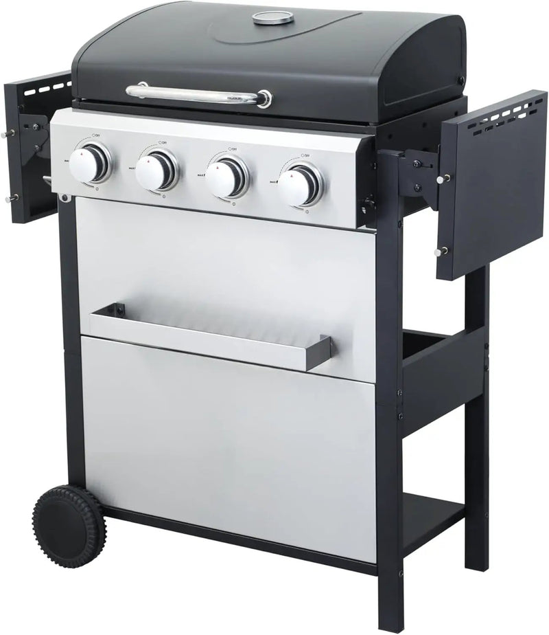 4-Burner Propane Gas BBQ Grill, 34,200 BTU Output, Wire Enamel Cooking Grates, Foldable Side Table and Hanging Basket, Stainless Steel Grill for Outdoor Cooking by GreenHaven Gardens