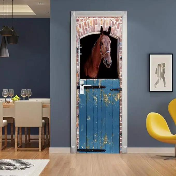 Horse 3D Door Stickers Murals - Peel & Stick - Waterproof & Washable - Matte Finish - Rustic Blue - Rectangular - Indoor - 35.4" x 78.7" - 2 Pieces by GreenHaven Gardens