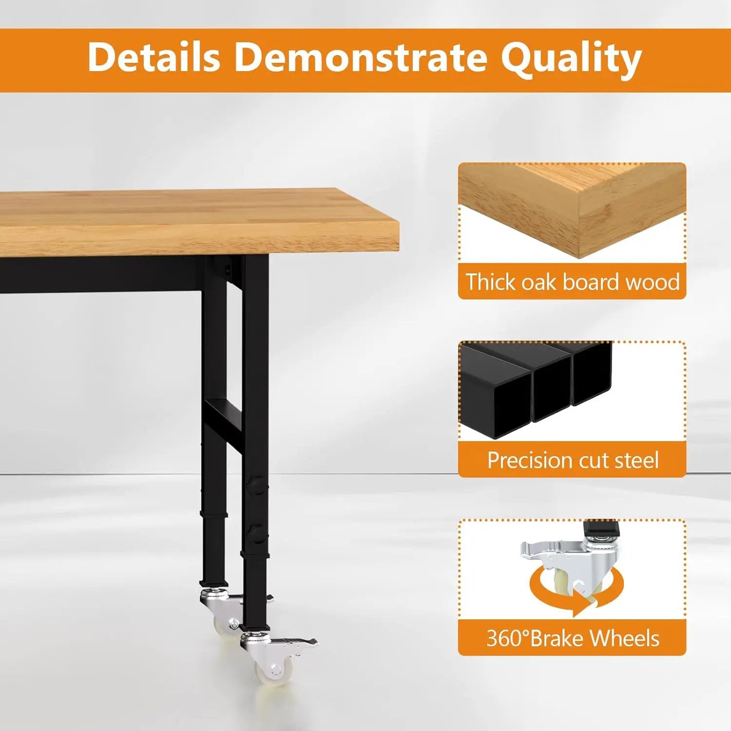 60" Adjustable Height Workbench with Wheels, Heavy-Duty Solid Wood Work Table with Power Outlets, 2000 LBS Capacity Workstation for Garage, Workshop(60" X 24") by GreenHaven Gardens