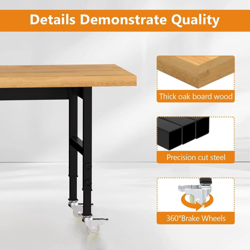 60" Adjustable Height Workbench with Wheels, Heavy-Duty Solid Wood Work Table with Power Outlets, 2000 LBS Capacity Workstation for Garage, Workshop(60" X 24") by GreenHaven Gardens