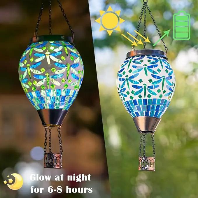 Starsoul Mosaic Dragonfly Hot Air Balloon Solar Lantern Glass Outdoor Hanging Hot Air Balloon Solar Flickering Flame Light Waterproof Garden Patio Yard Party Decorations by GreenHaven Gardens