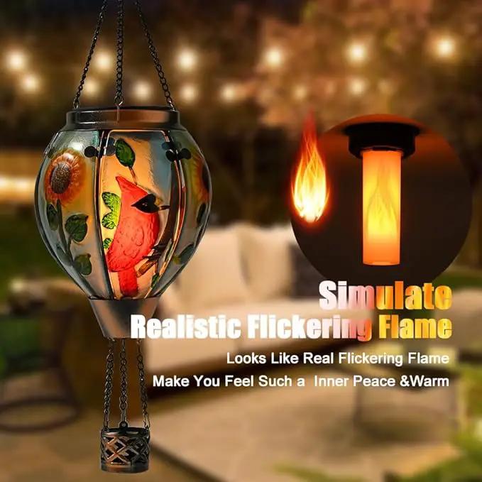 Hot Air Balloon Solar Lantern - Cardinal Bird Glass Lantern with Simulated Flickering Flame, Outdoor Hanging Yard Light Waterproof IP65 & Weather Resistant for Garden Patio Lawn Porch Decor Gfit by GreenHaven Gardens