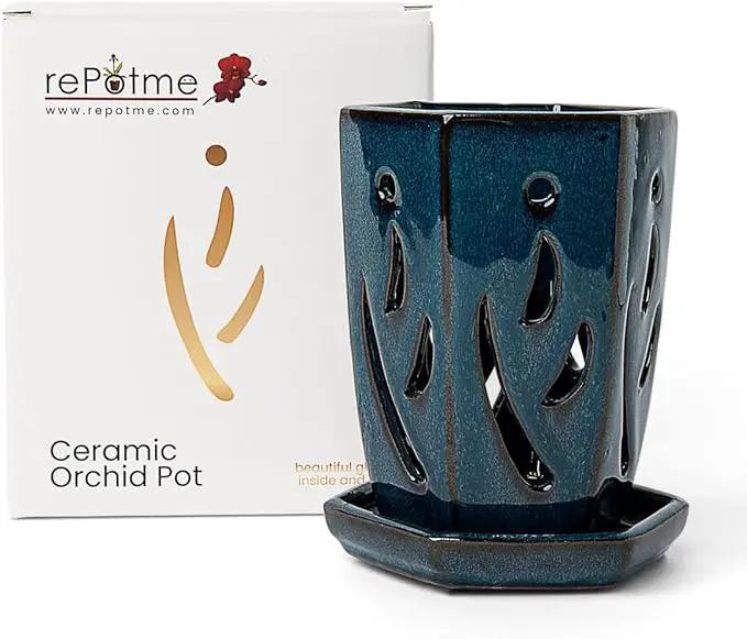 rePotme Orchid Pot, 4 x 6 inch Hexagon Ceramic Orchid Pot with Holes and Matching Saucer (Teal Jade) by GreenHaven Gardens