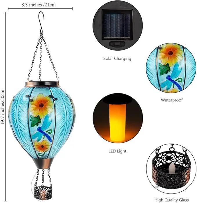 Starsoul Large Solar Hot Air Balloon Lantern with Flame Dragonfly Glass Hanging Outdoor Hot Air Balloon Solar Light Waterproof Garden Patio Yard Party Decorations by GreenHaven Gardens