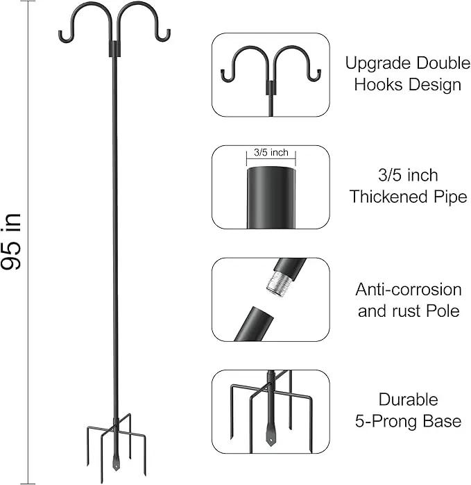 Shepherd Hooks for Outdoor, 2 Pack 95 Inch Bird Feeder Pole with 5 Prongs Base for Hanging Lantern, Hummingbird Feeder, Lightweight Plant, Shepherds Hook for Bird Feeders for Outside by GreenHaven Gardens