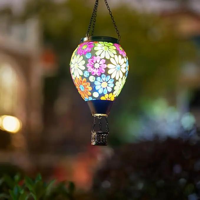 Starsoul Mosaic Flowers Hot Air Balloon Solar Lantern Glass Outdoor Hanging Hot Air Balloon Solar Flickering Flame Light Waterproof Garden Patio Yard Party Decorations by GreenHaven Gardens