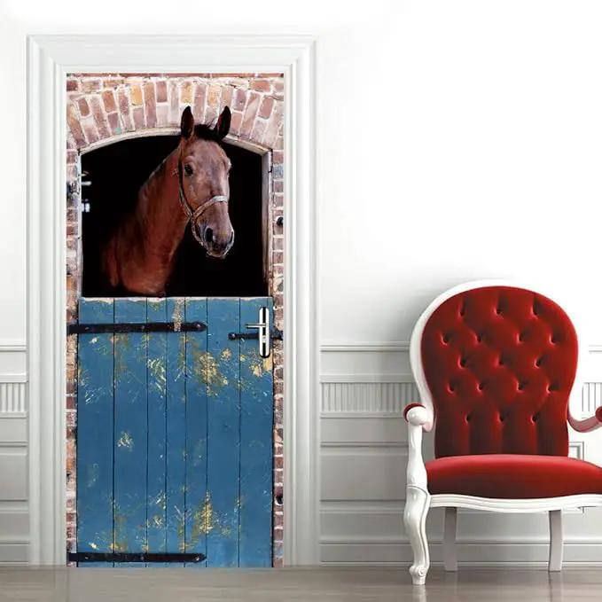 Horse 3D Door Stickers Murals - Peel & Stick - Waterproof & Washable - Matt Finish - Rustic Brown - Animal Pattern - Rectangular - All Seasons - Adults - Door & Wall - 37.4" x 78.7" - 2 Pieces by GreenHaven Gardens