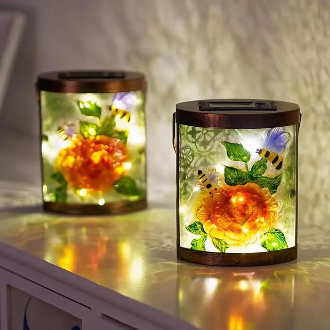 Starsoul 2 Pack Hanging Solar Lantern Outdoor Waterproof Glass Bee and Flowers Decorative Solar Lights for Outside Garden Yard Table Patio Decor by GreenHaven Gardens