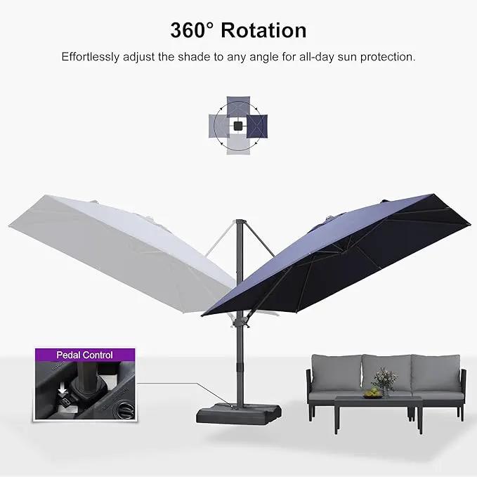 PURPLE LEAF 10' × 10' Patio Cantilever Umbrella with Base Outdoor Square Adjustable Offset Umbrellas with 360-degree Rotation and 8 Heavy Duty Metal Ribs for Garden Deck Pool Navy Blue by GreenHaven Gardens