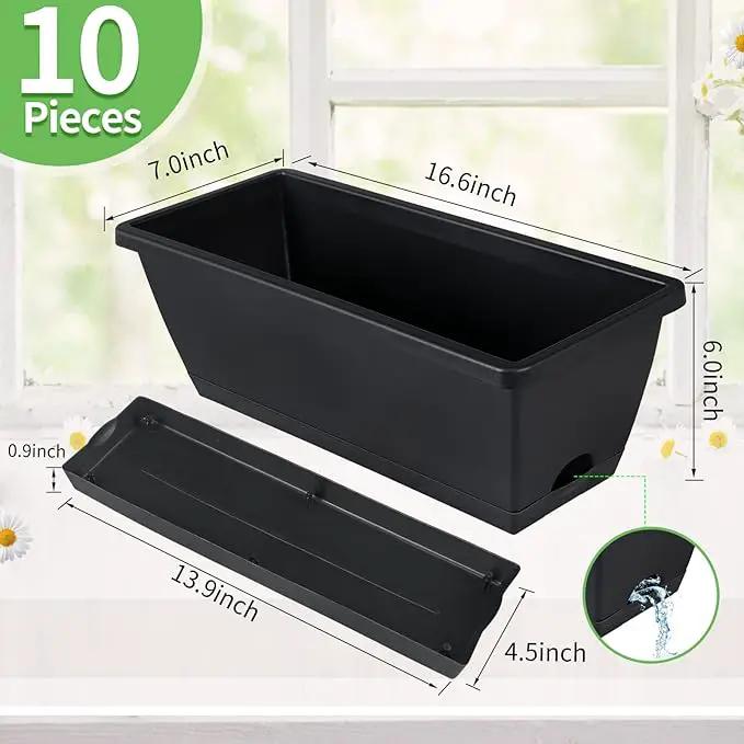 Window Box Planter, 10 Pack Plastic Vegetable Flower Planters Boxes 17 Inches Rectangular Flower Pots with Saucers for Indoor Outdoor Garden, Patio, Home Decor (Black) by GreenHaven Gardens