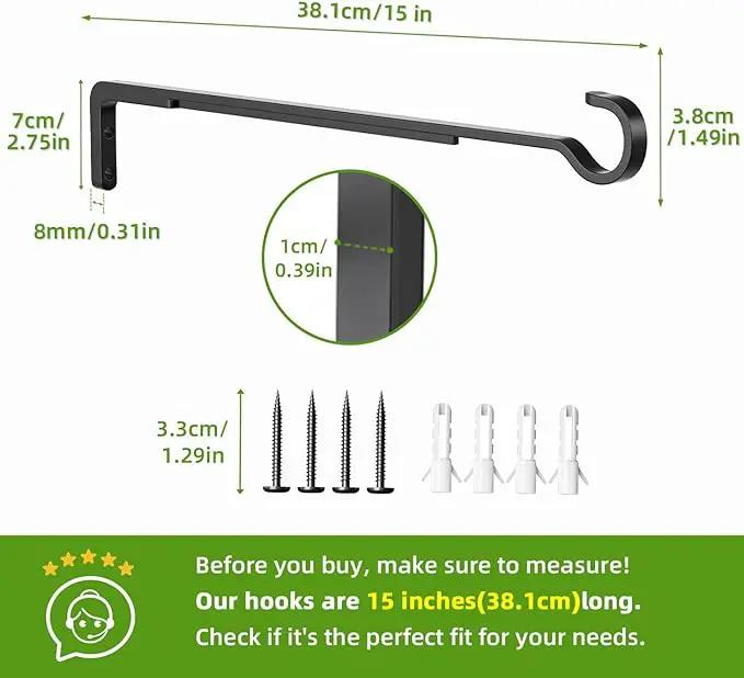 15 Inch 2 Black Pack Heavy Duty Outdoor Plant Hangers for Hanging Baskets, Iron Hanging Plant Brackets for Hanging Plants Outside, Metal Plant Hooks Plant Wall Hooks for Hanging Lantern, Bird Feeder by GreenHaven Gardens