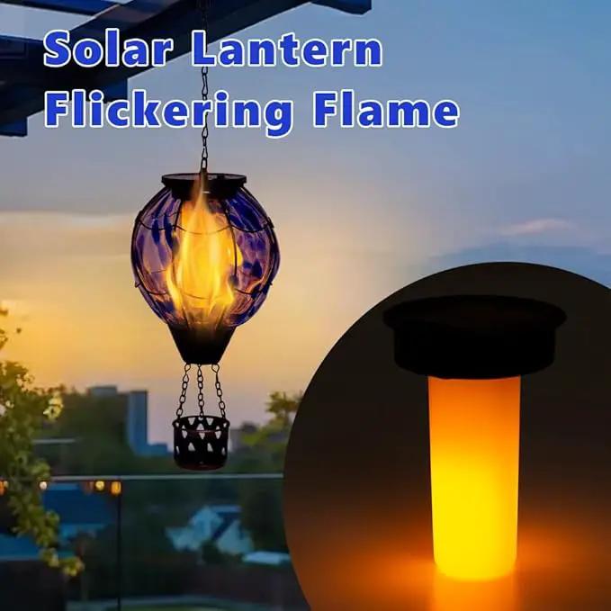 2PCS Solar Hot Air Balloon Lantern with Flickering Flame,Blue Glass Hot Air Balloon Solar Lanterns Outdoor Waterproof Hanging Decorative Light for Patio Porch Yard,Garden Gifts for Women by GreenHaven Gardens