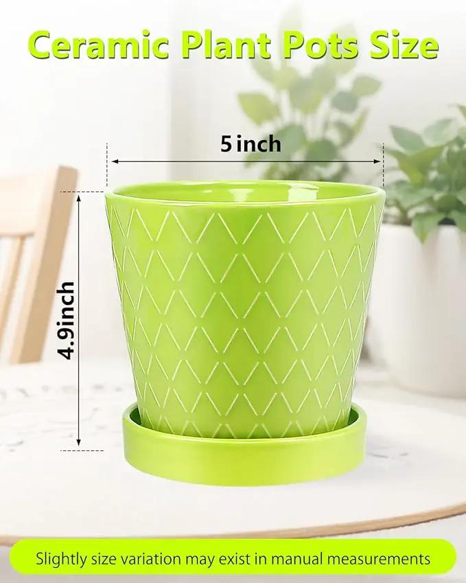 EFISPSS 5 Inch Ceramic Plant Pots Indoor, Planters with Drainage Holes and Ceramic Tray, Relief Design Flower Planter，Desktop Office Windowsill Decoration Gift Set of 4 - Green by GreenHaven Gardens