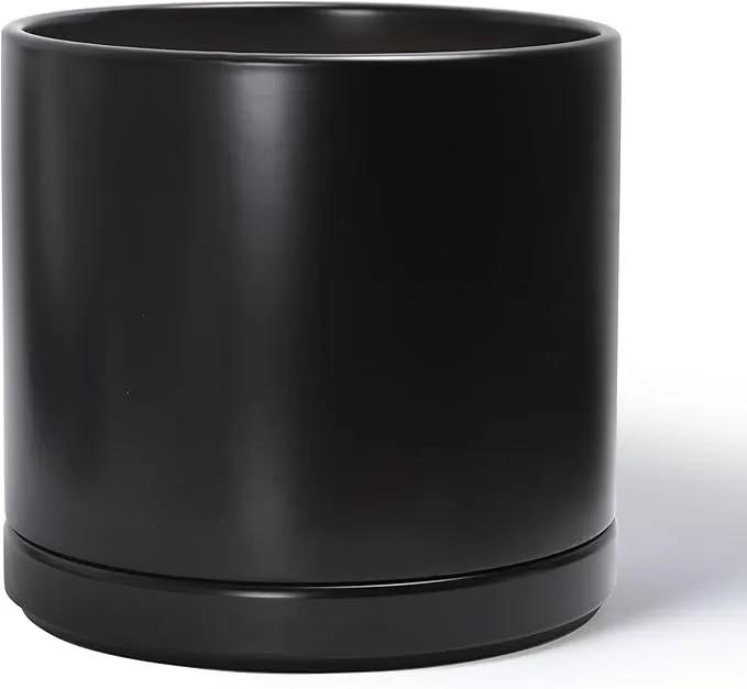 D'vine Dev 14 Inch Ceramic Planter Pot with Drainage Hole and Saucer, Indoor Cylinder Round Planter Pot, Black, 94-O-G-2 by GreenHaven Gardens