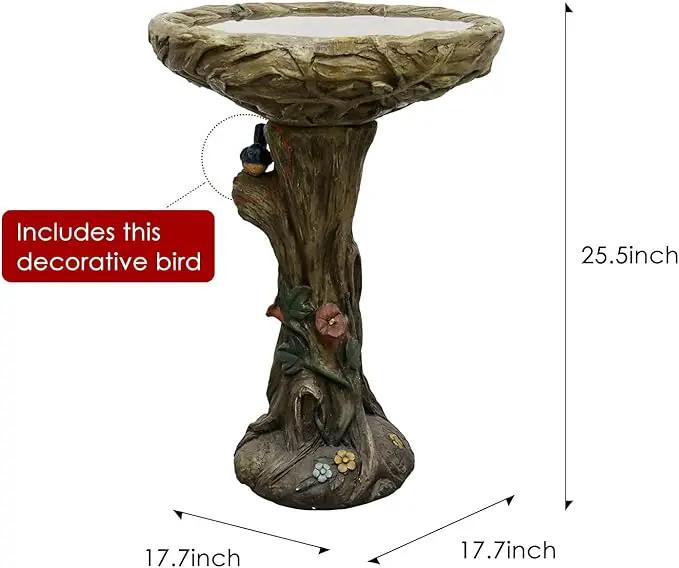 SunJet 25.5 Inch Heigh Wood-Look Concrete Bird Bath with Decorative Faux Bird – birdbath Rustic & Long-Lasting Design, Enhances Garden, Patio, Yard, Lawn Décor by GreenHaven Gardens