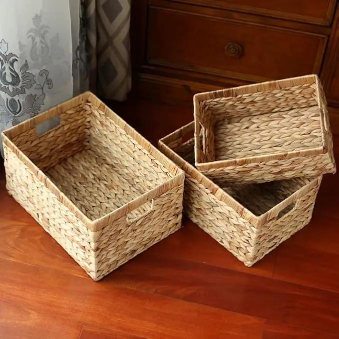 Woven Natural Water hyacinth Rectangular Storage Baskets with inside Handle,Kingwillow(Large) by GreenHaven Gardens