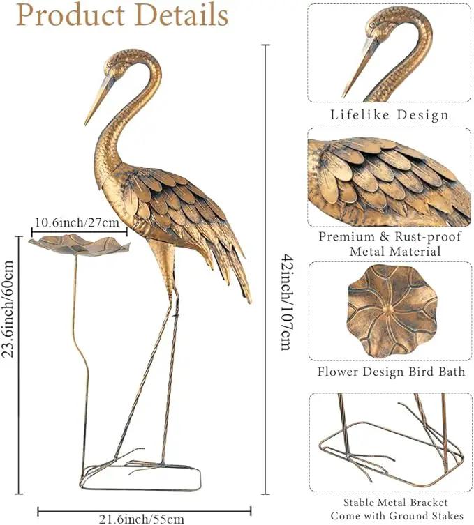Large Heron Garden Statue, 42'' Crane Outdoor Statue with Birdbath, Crane Metal Yard Art for Porch Backyard Patio Lawn Decor (Golden) by GreenHaven Gardens