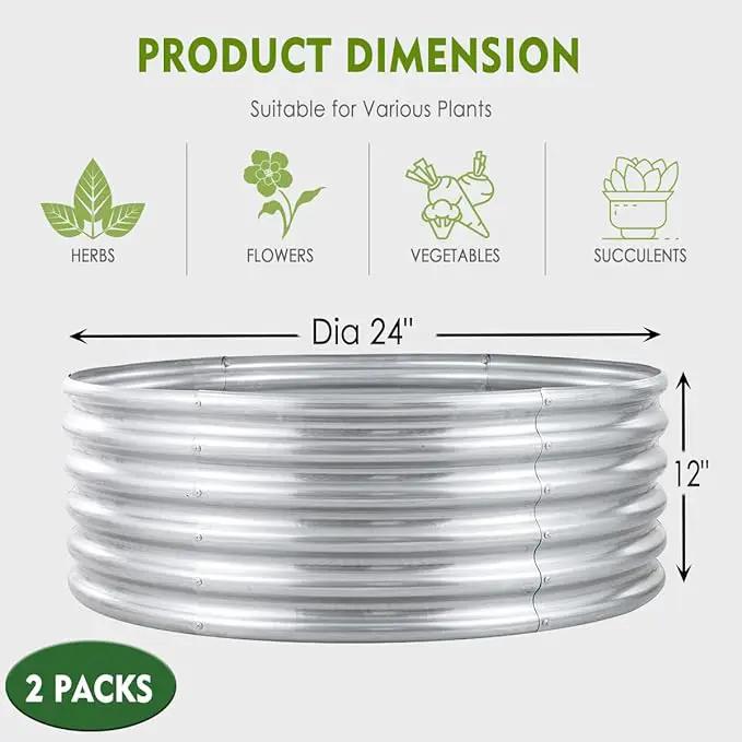 FORTUNO 2 Pcs 2 Ft Round Raised Garden Bed Box Galvanized Metal Outdoor Flower Bed Steel Patio Ground Planter for Planting Vegetables and Herbs, Silver by GreenHaven Gardens