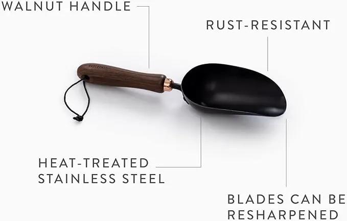 Barebones Garden Scoop - Garden Spoon - Stainless Steel Small Hand Shovel for Transplanting, Digging, and Planting - Great Home Gardening Hand Tools (Walnut/Black) by GreenHaven Gardens