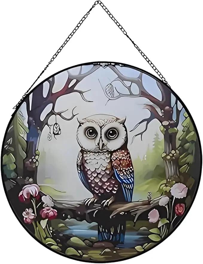 Hanging Stained Glass for Windows,20cm/7.87inch Owl Suncatcher Stained Glass Garden Hangings Ornaments Mother's Day Valentine's Day Halloween Fall Christmas Decor for Home (A Style) by GreenHaven Gardens