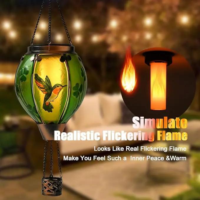 St Patricks Hot Air Balloon Solar Lantern - Simulated Flickering Flame Patrick's Shamrock Glass Lantern, Outdoor Hummingbird Hanging Yard Light for St Patty's Day Patio Porch Decor Clover Gfit by GreenHaven Gardens