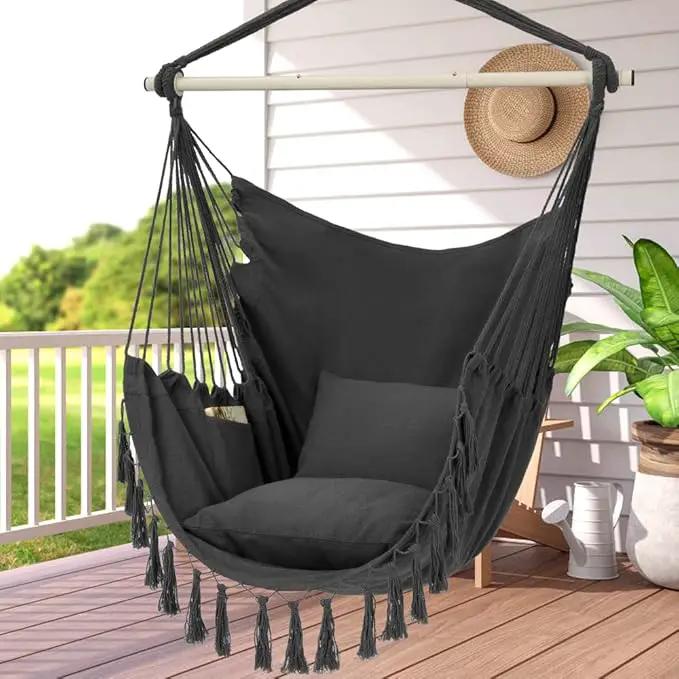 Y- STOP Hammock Chair Hanging Rope Swing, Max 500 Lbs, 2 Cushions Included, Large Macrame Hanging Chair with Pocket, Cotton Weave for Superior Comfort, Durability (Dark Grey) by GreenHaven Gardens