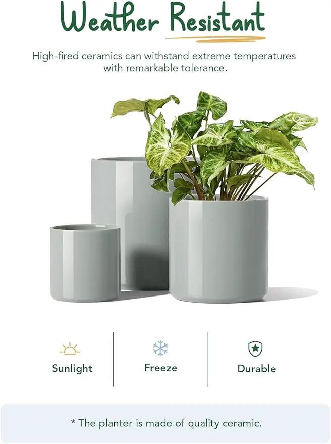LE TAUCI Ceramic Plant Pots Indoor, 10 Inch 8 Inch 6 Inch Planters for Indoor Plants, Mid-Century Modern Flower Pots with Drainage Hole, Cylinder Round Planter Pots, Set of 3, Reactive Glaze Blue Gray by GreenHaven Gardens