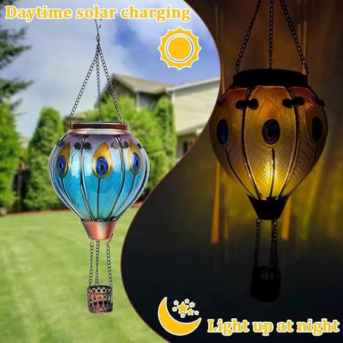 2PCS Solar Hot Air Balloon Lanterns with Flame with Shepherd's Hooks, Glass Hanging Flickering Lights Outdoor Waterproof for Garden Tree Yard Patio Mother's Day Gift, 18" H Peacock-Blue by GreenHaven Gardens
