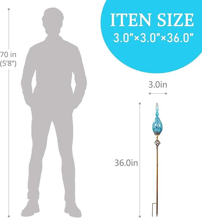 Garden Solar Light, Decorative LED Flame Garden Stakes, Hand Blown Glass and Metal Outdoor Decoration, 3 x 36 Inches (Light Blue) by GreenHaven Gardens