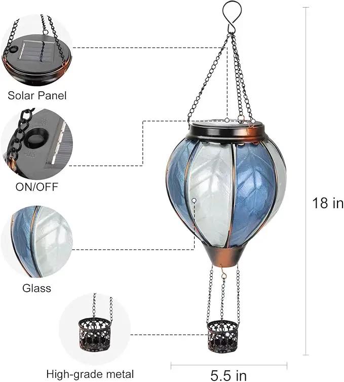 pearlstar Hot Air Balloon Solar Lantern with Flickering Flame Light Outdoor Solar Hanging Lights Waterproof for Garden Yard Farmhouse Outside Decoration,Stained Glass Blue and White by GreenHaven Gardens