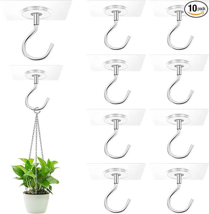 Adhesive Ceiling Hooks，10 Pack No Drill Ceiling Hanging Hook for Hanging Plants Lanterns,Wind Chimes Stainless Steel Outdoor Adhesive Hooks by GreenHaven Gardens