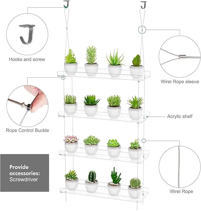 4-TierClear Plant Shelves, Height Adjustable Hanging Acrylic Indoor Wall Hanging Plant Stand Flower Display, Flower Pot Organizer Storage for Window Grow Herbs, Microgreens, Succulents, 16 Inch by GreenHaven Gardens