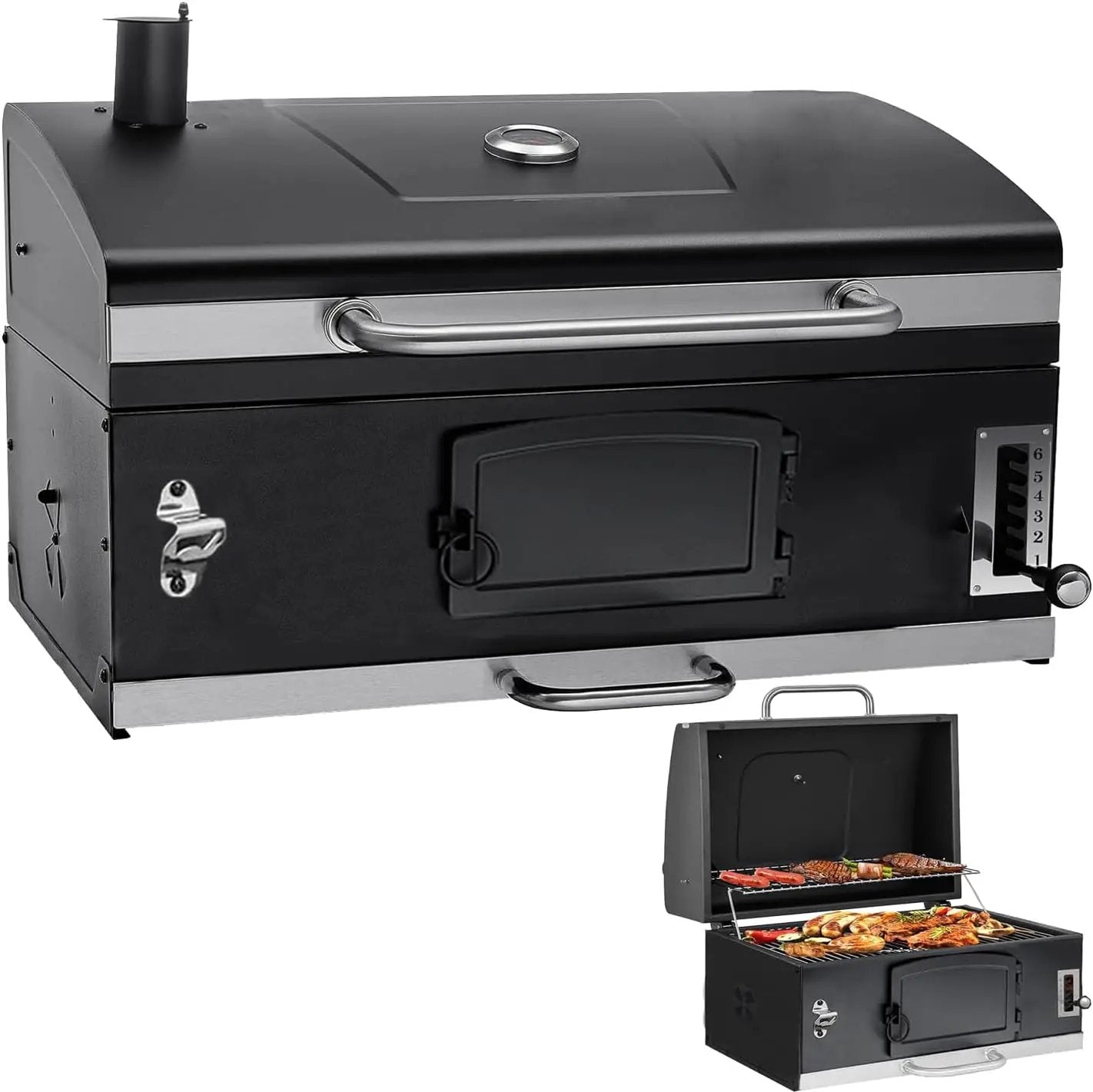 29 In Large Charcoal bbq Grills, built-in barbecue grill with Liftable Tray, Insulated Hood & Temp Gauge, black Stainless Steel Charcoal BBQ barrel Grill for Outdoor Kitchen Camping park style by GreenHaven Gardens