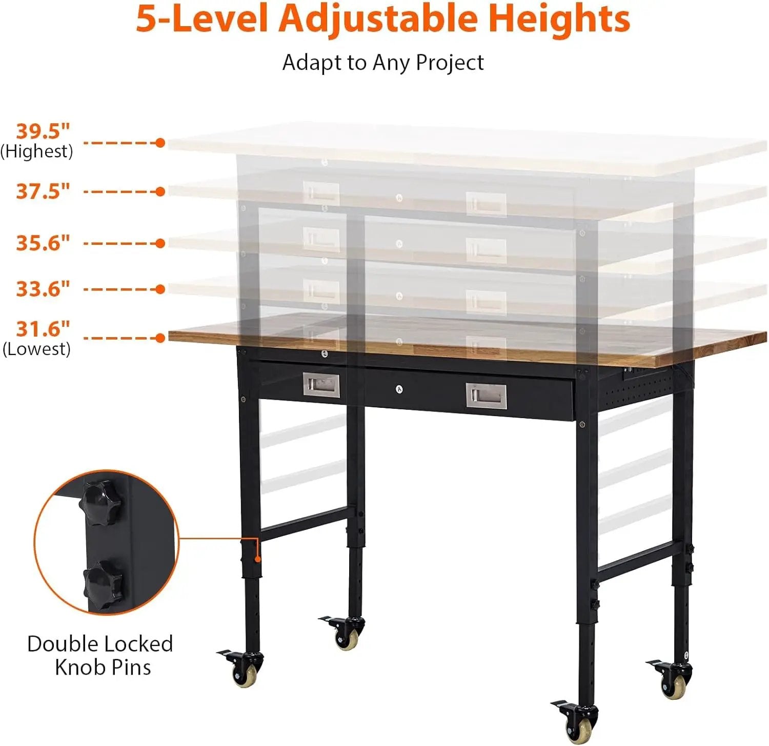60'' Adjustable Workbench, Heavy Duty Workbench with Drawer and Backplate, 2000 LBS Capacity Work Table with Power Outlet and Lockable Wheels, Suitable for Office, Garage, Workshop by GreenHaven Gardens