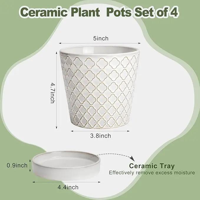 EFISPSS Ceramic Plant Pots Indoor, 5 Inch Planters with Drainage Holes and Ceramic Tray, Relief Design Flower Planter, Desktop Office Windowsill Decoration Gift Set of 4, White by GreenHaven Gardens