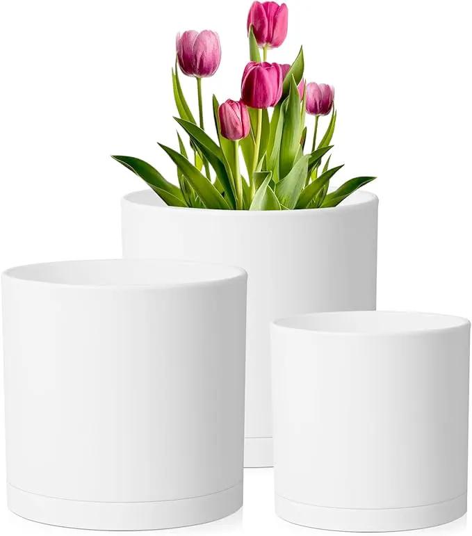 8/7/6 inch Plant Pots, Set of 3 Cylinder Flower Pots for Outdoor Indoor Plants, Decorative Plastic Planters with Drainage Holes and Saucers for Garden House Plants, White by GreenHaven Gardens