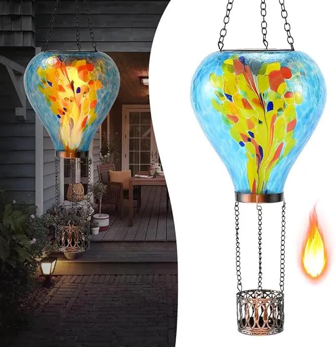 Hot Air Balloon Solar Lantern - Stained Glass Lantern with Simulated Flickering Flame, Outdoor Hanging Yard Light Waterproof IP65 & Weather Resistant for Garden Patio Lawn Porch Decor Gfit by GreenHaven Gardens