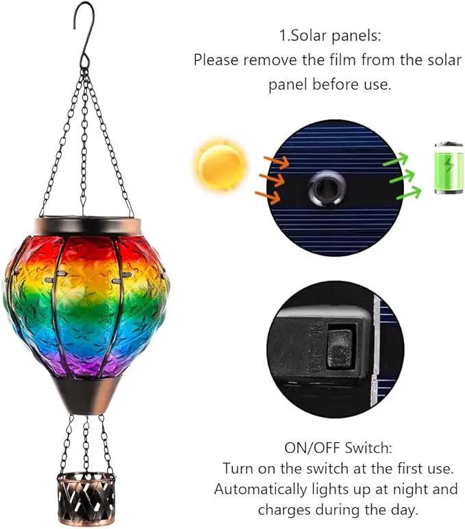 DREAMSOUL Rainbow Hot Air Balloon Solar Lantern, Metal & Glass With Flickering Flame, Hanging Waterproof Outdoor Lantern for Lawn, Patio, Tree Decor, Christmas Gifts by GreenHaven Gardens