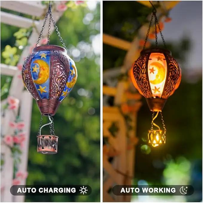 Solar Hot Air Balloon Lantern with Flame Flickering LED Metal Star Moon Hot Air Balloon Solar Lantern Outdoor Waterproof Hanging Outdoor Light for Garden,Yard,Porch Mother Day Gift for Women by GreenHaven Gardens