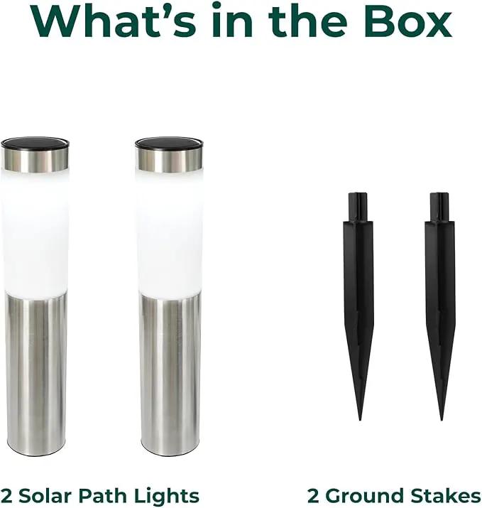 TECHKO Stainless Steel Outdoor Solar Bollard Path Lights (2-Pack), Solar Cylinder Pathway Lights (Stainless Steel) by GreenHaven Gardens