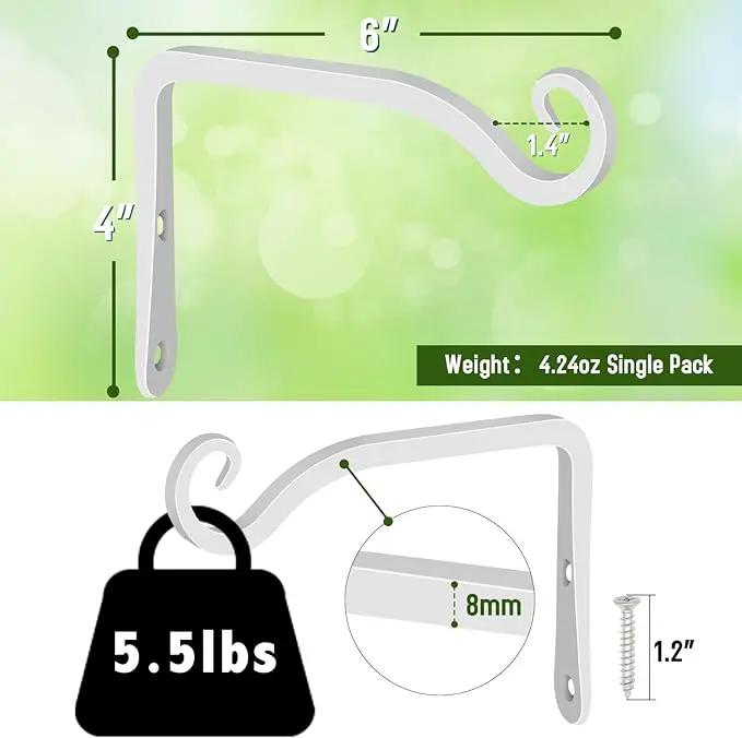 FEED GARDEN Hand-Forged Hanging Plant Bracket Iron Wall Hook for Hanging Bird Feeders, Wind Chimes, Flower Baskets, Lanterns, Yoga Mat, Indoor/Outdoor Use (6 Inch 2 Pack, White, with 4 Screws) by GreenHaven Gardens