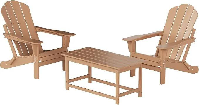 WO Home Furniture Adirondack Chairs Table Set of 3 PCS Outdoor Folding Chairs Coffee Table Weather/UV Resistant for Lawn, Garden, Bon Fire, Balcony (Teak) by GreenHaven Gardens