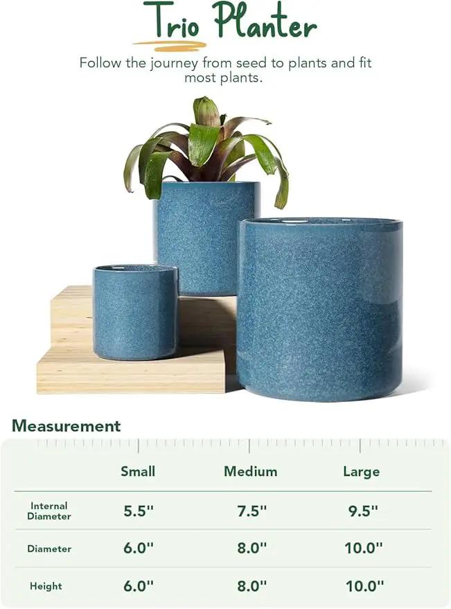 LE TAUCI Ceramic Plant Pots Indoor, 10 Inch 8 Inch 6 Inch Planters for Indoor Plants, Mid-Century Modern Flower Pots with Drainage Hole, Cylinder Round Planter Pots, Set of 3, Reactive Glaze Blue by GreenHaven Gardens