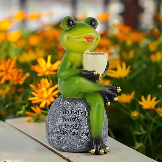 Spring & Summer-Themed Garden Statues – Adorable Outdoor Decor for Lawn, Patio & Porch (Coffee Drinking Frog Garden Statue with Funny Quote) by GreenHaven Gardens