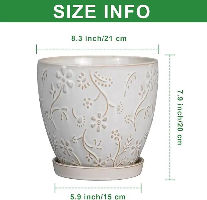 8 Inch Ceramic Pots for Plants Large Planter Pot with Drainage Hole and Saucer Round Flower Pot for Indoor Outdoor Decor, White by GreenHaven Gardens