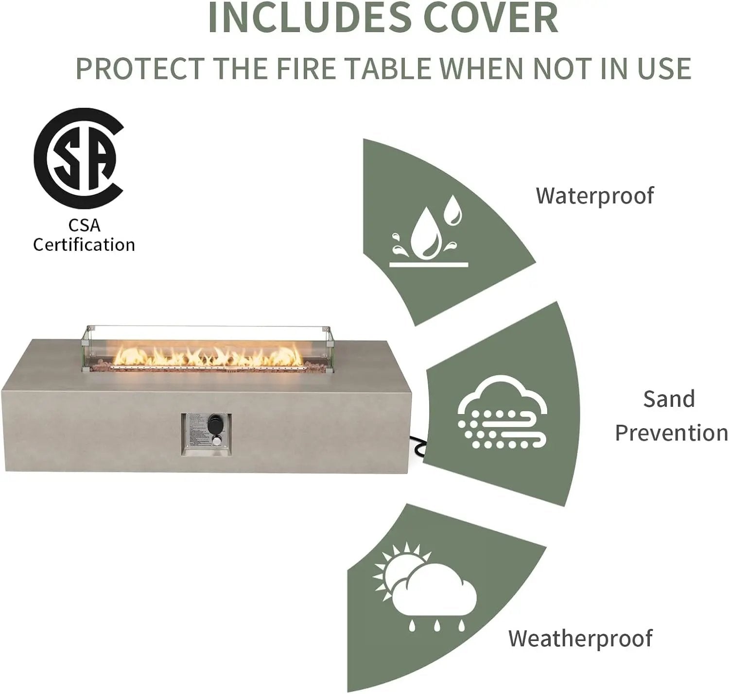 COSIEST 2-Piece Outdoor Propane Fire Table Set, Rectangle Concrete 56" x 28" Gray Fire Pit (CSA Certified, 50,000 BTU) w 20lb Tank Table, Wind Guard, Waterproof Cover for Garden, Porch, Backyard by GreenHaven Gardens
